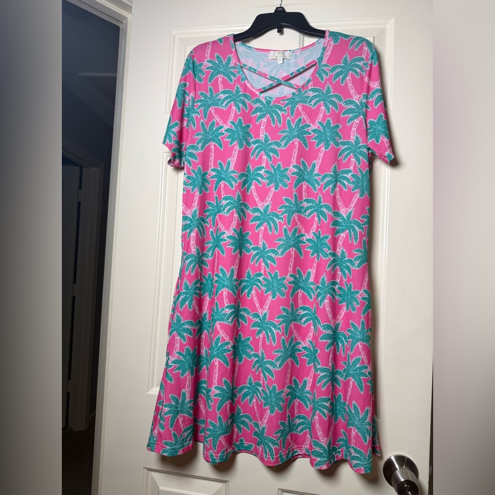 Simply Southern pink and teal palm tree criss-cross dress